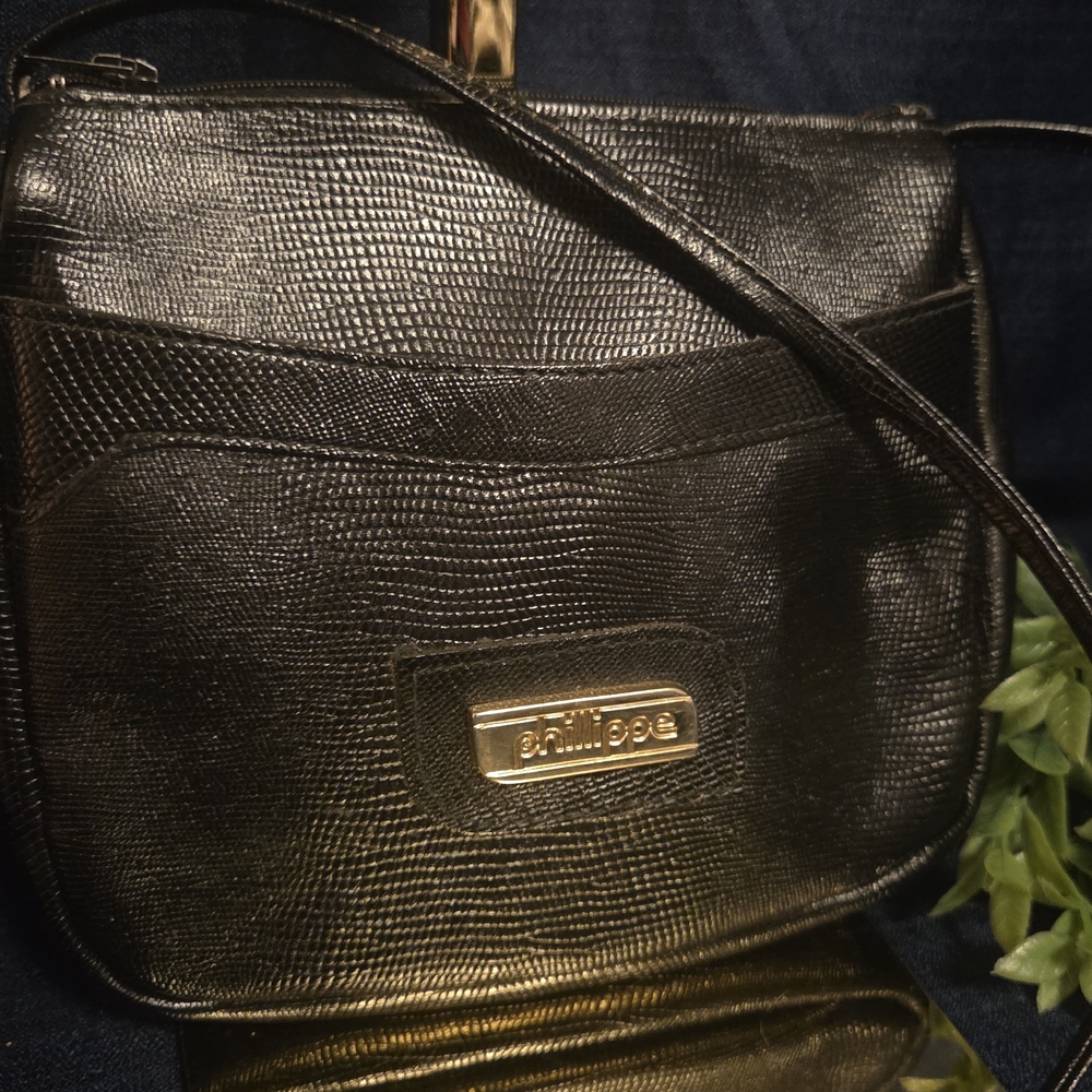Philippe Black Embossed Crossbody Bag Zip Top Minimalist Everyday Purse